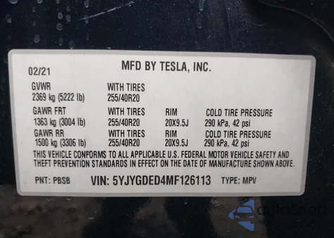 2021 Tesla Model Y Standard Range Rear-Wheel Drive z USA, uszkodzony, nr VIN 5YJYGDED4MF126113